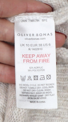 Oliver Bonas Women Beige Knit Argyle Jumper UK 10 Crew Neck