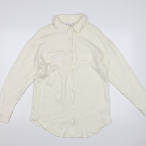Next Women Ivory Collared Button-Up Knit Shirt Size S