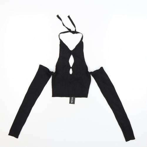 PrettyLittleThing Women's Black Halter Cut-Out Cropped Long Sleeve Top Size S