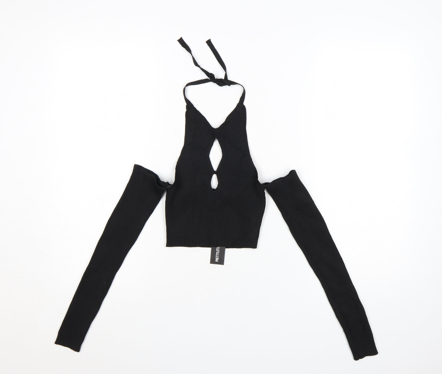 PrettyLittleThing Women's Black Halter Cut-Out Cropped Long Sleeve Top Size S