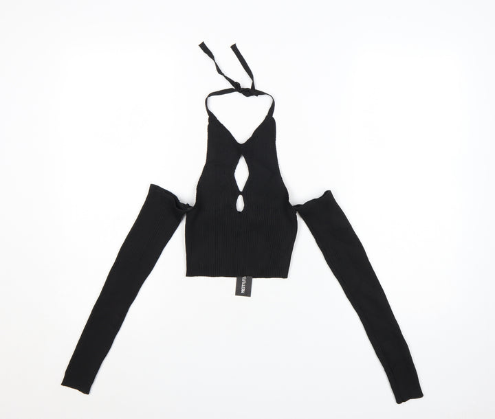 PrettyLittleThing Women's Black Halter Cut-Out Cropped Long Sleeve Top Size S