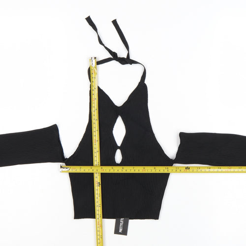 PrettyLittleThing Women's Black Halter Cut-Out Cropped Long Sleeve Top Size S