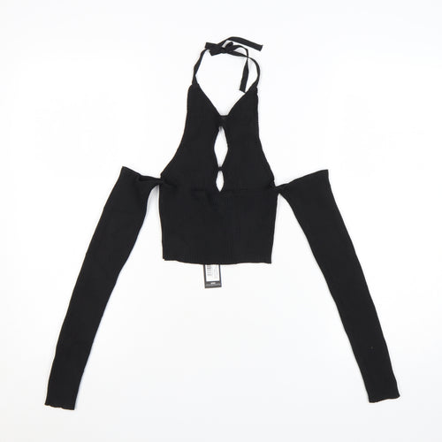 PrettyLittleThing Women's Black Halter Cut-Out Cropped Long Sleeve Top Size S
