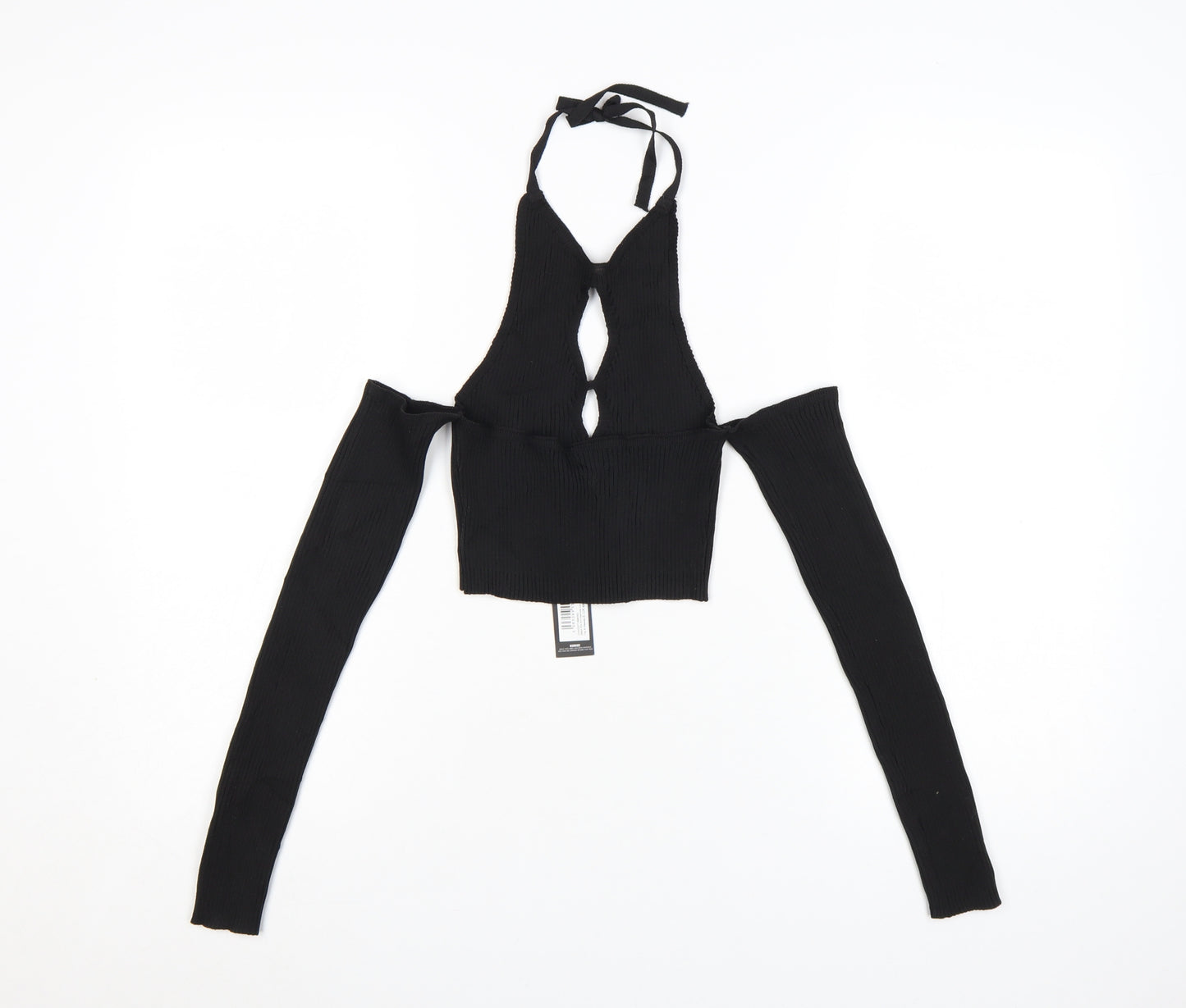 PrettyLittleThing Women's Black Halter Cut-Out Cropped Long Sleeve Top Size S