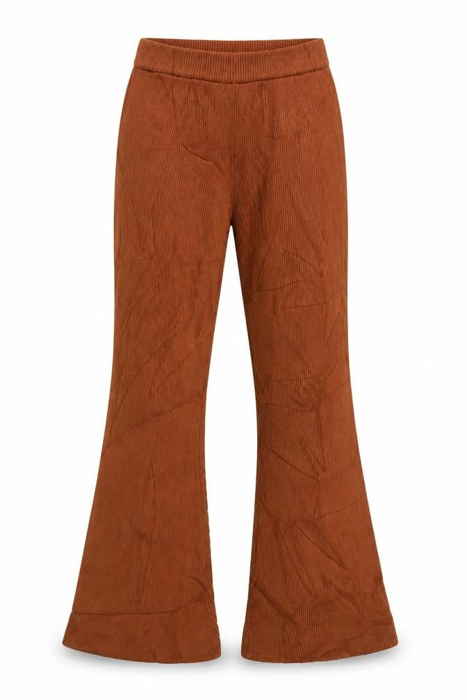 Front view of Jaspal Women Brown Ribbed Flared Trousers, size S, Viscose Blend