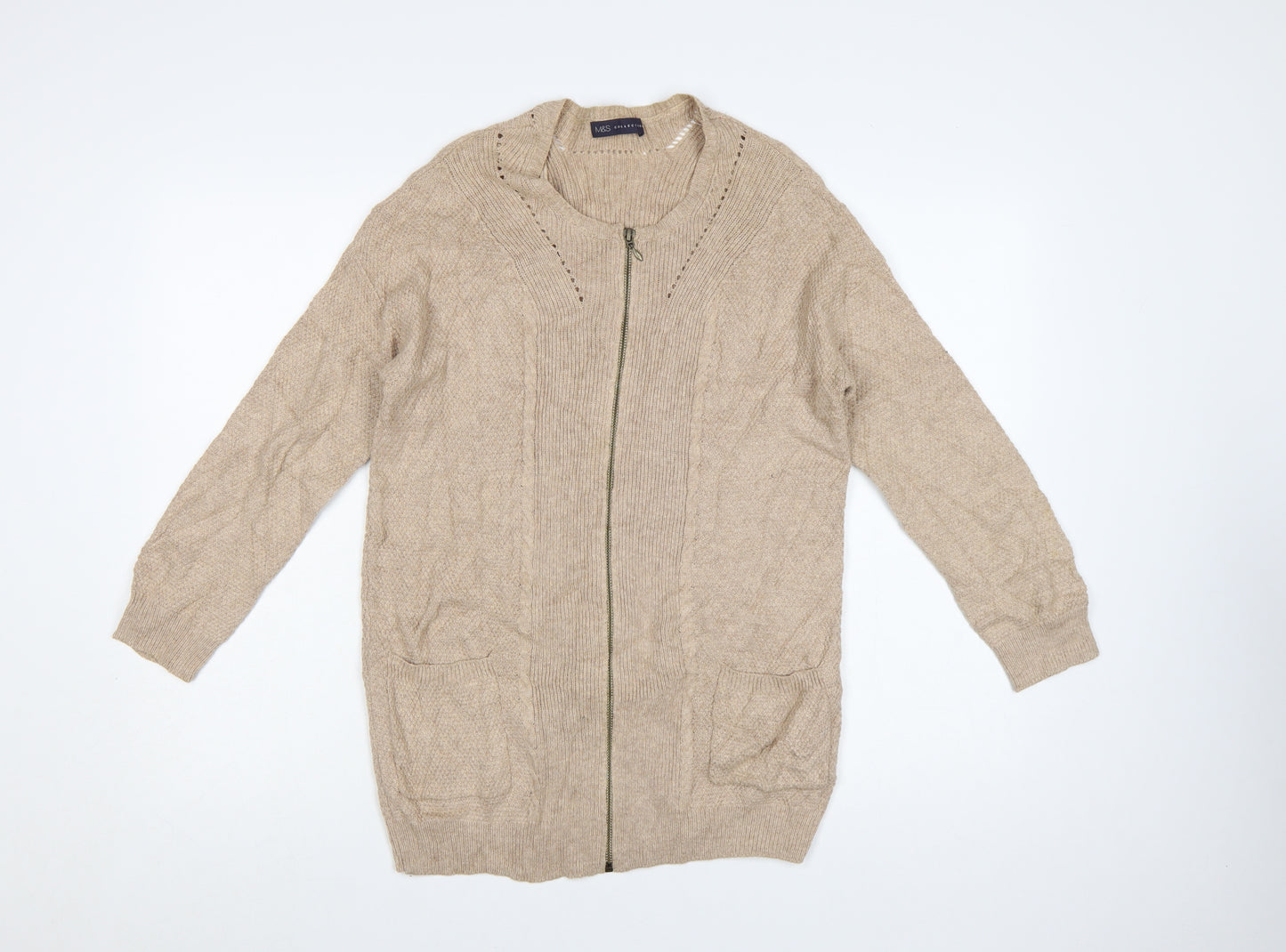 Marks and Spencer Womens Beige Full Zip Knit Cotton Blend Jumper Size 8
