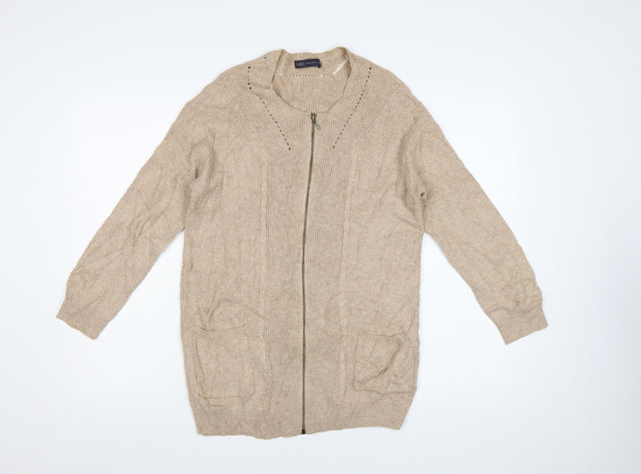 Marks and Spencer Womens Beige Full Zip Knit Cotton Blend Jumper Size 8