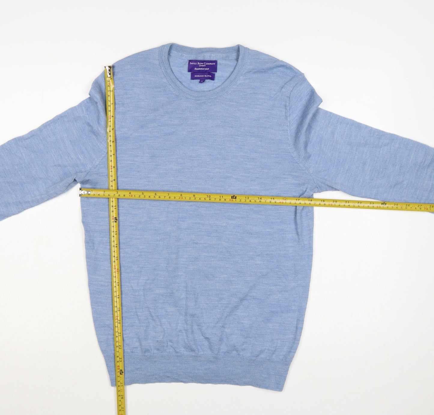 Savile Row Company Mens Blue Merino Blend Crew Neck Jumper M