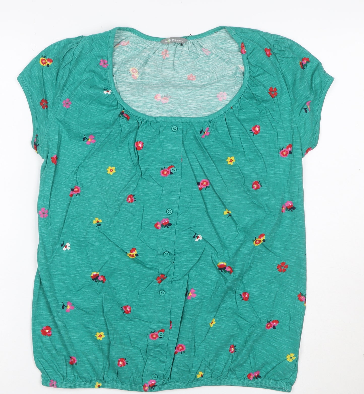 Marks and Spencer Womens Green Floral Button-Up Cotton Top UK 12