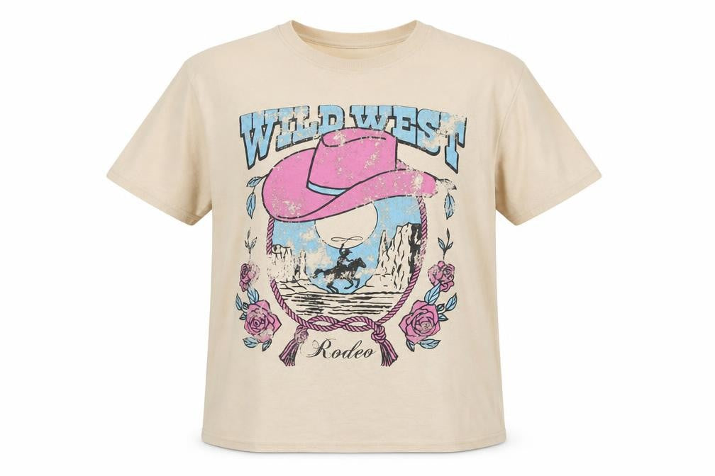HNR LDN Men Beige Wild West Rodeo Graphic Cotton T-Shirt Size S