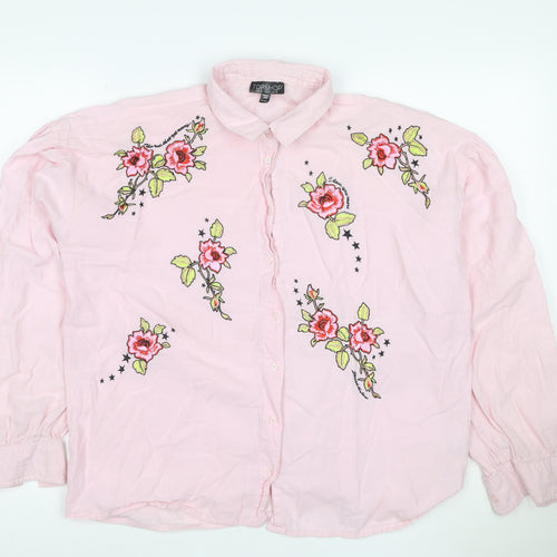 Topshop Women's Pink Floral Embroidered Cotton Button-Up Shirt UK 10