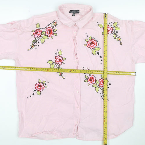 Topshop Women's Pink Floral Embroidered Cotton Button-Up Shirt UK 10