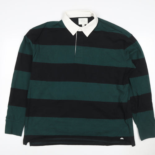 Marks and Spencer Men's Green Black Rugby Polo Shirt Long Sleeve L