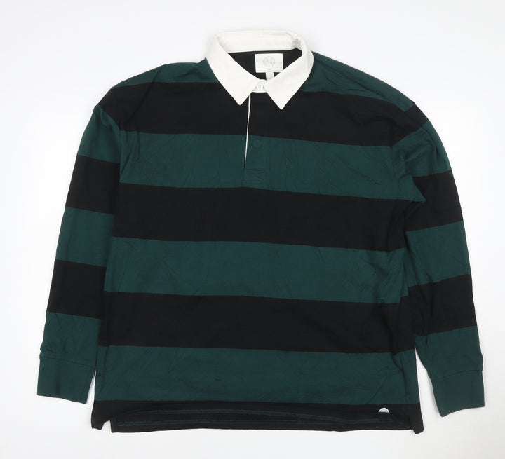 Marks and Spencer Men's Green Black Rugby Polo Shirt Long Sleeve L