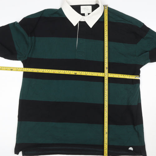 Marks and Spencer Men's Green Black Rugby Polo Shirt Long Sleeve L