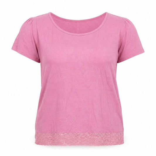 Front view of Cottelli Collection Women's Pink Lace Trim Viscose T-Shirt, size 16