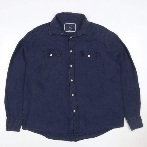 Marks and Spencer Blue Harbour Men's Blue Linen Long Sleeve Shirt L