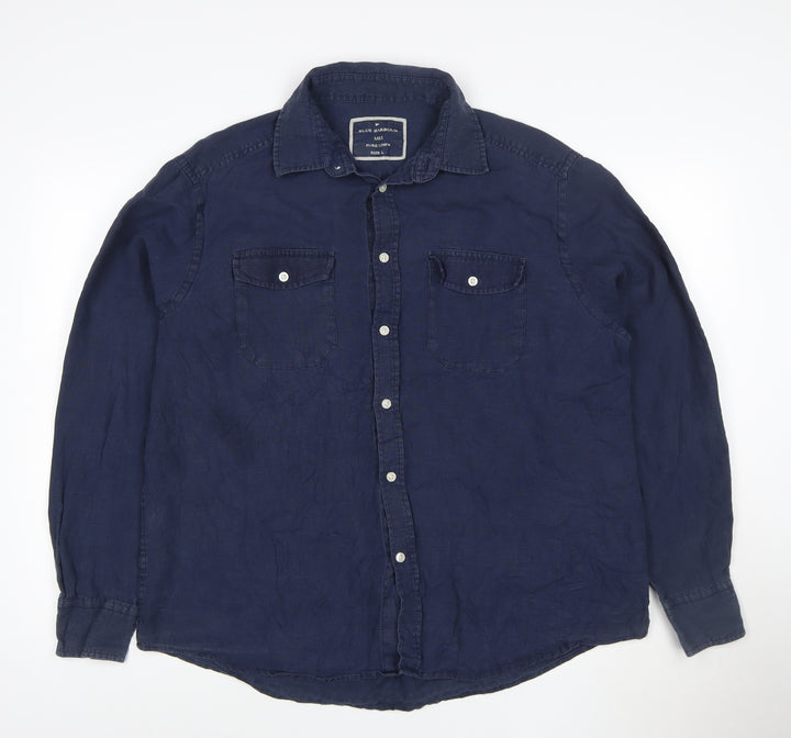 Marks and Spencer Blue Harbour Men's Blue Linen Long Sleeve Shirt L