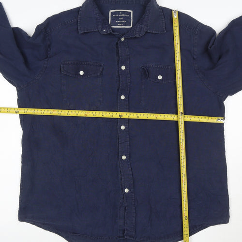 Marks and Spencer Blue Harbour Men's Blue Linen Long Sleeve Shirt L