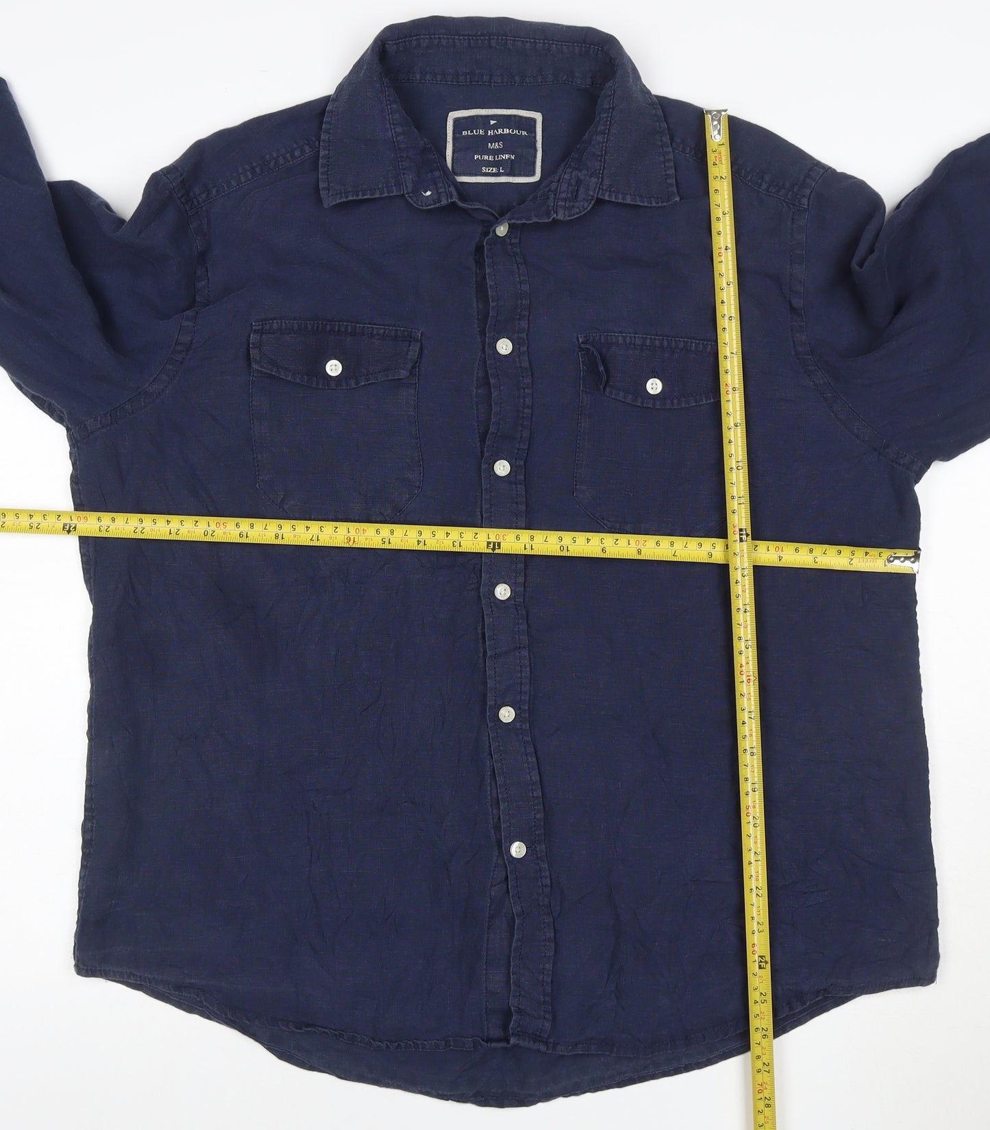 Marks and Spencer Blue Harbour Men's Blue Linen Long Sleeve Shirt L