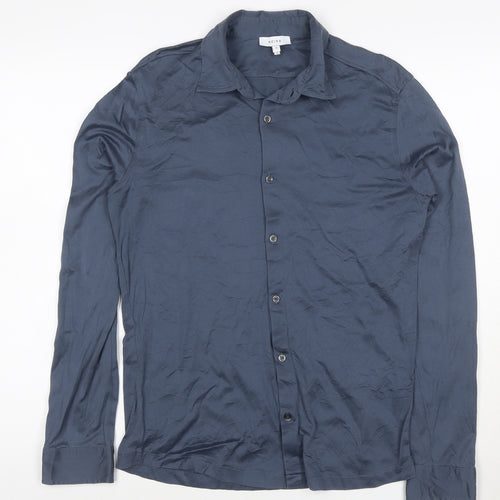 Reiss Mens Blue Slim Fit Cotton Long Sleeve Button-Up Shirt Size S