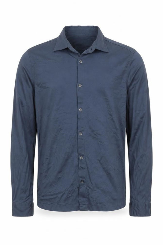 Front view of Reiss men’s blue slim fit cotton long sleeve button-up shirt, size S