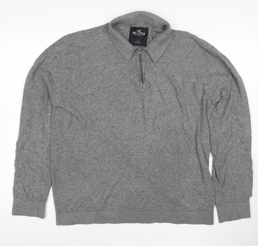 Hollister Men's Grey Collared 1/2 Zip Knit Jumper Size L