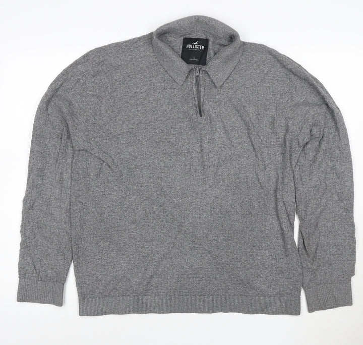 Hollister Men's Grey Collared 1/2 Zip Knit Jumper Size L