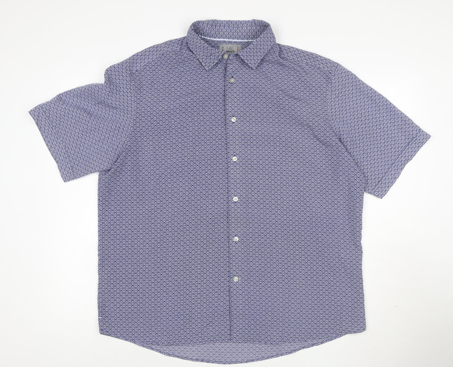 Marks and Spencer Men's Blue Geometric Short Sleeve XL Casual Shirt