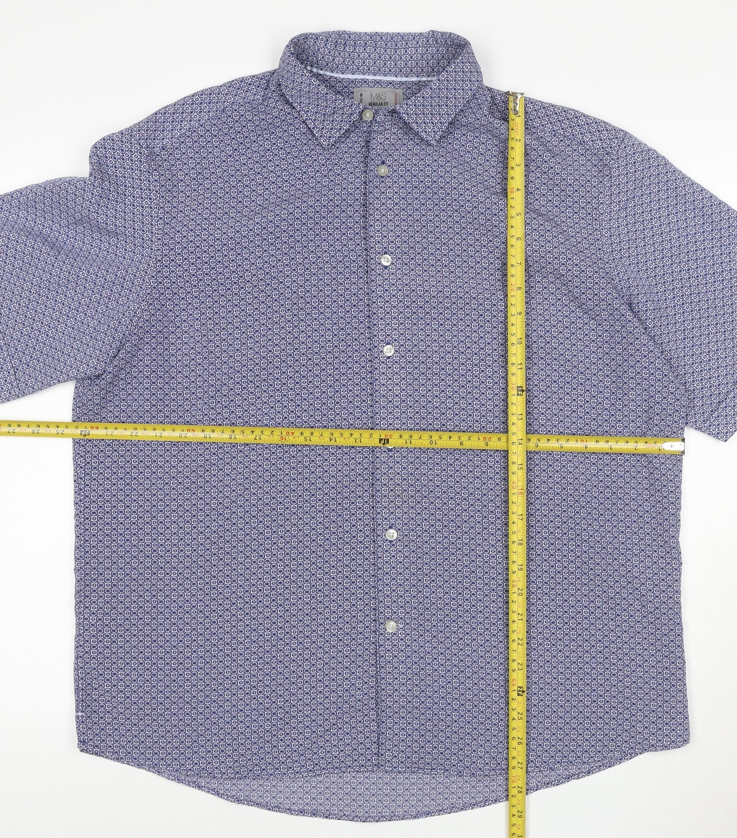 Marks and Spencer Men's Blue Geometric Short Sleeve XL Casual Shirt