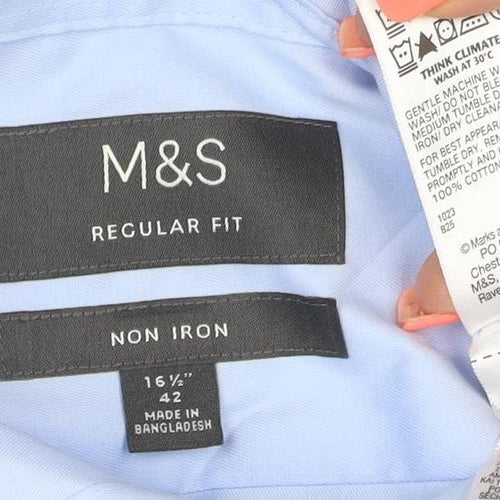 Marks and Spencer Mens Blue Regular Fit Non-Iron Cotton Shirt 16.5 42in