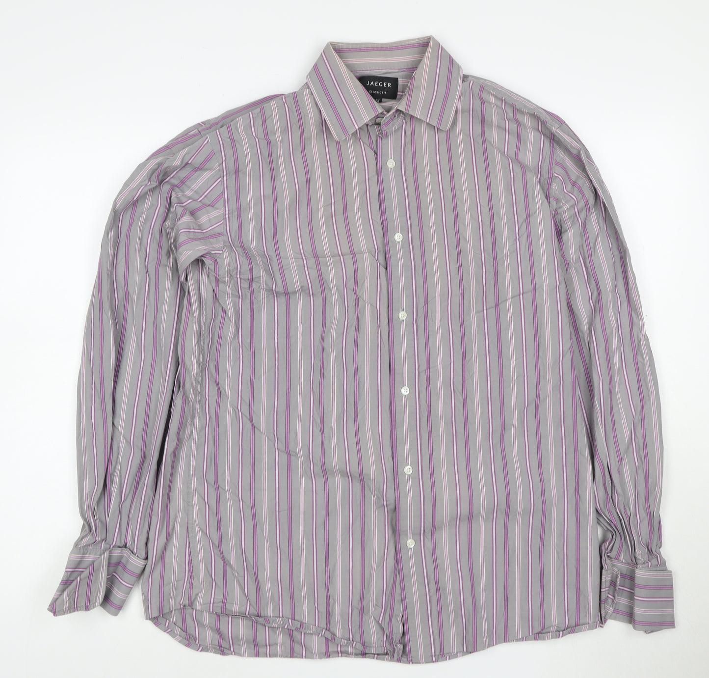 Jaeger Men's Grey Classic Fit Striped Button-Up Shirt Size 15