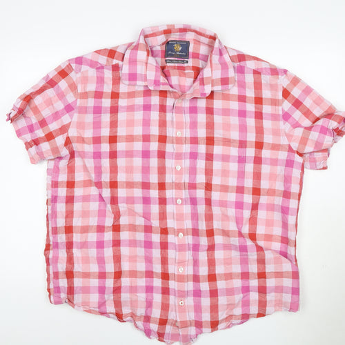Brook Taverner Men's Pink Check Linen Cotton Short Sleeve Shirt XXL