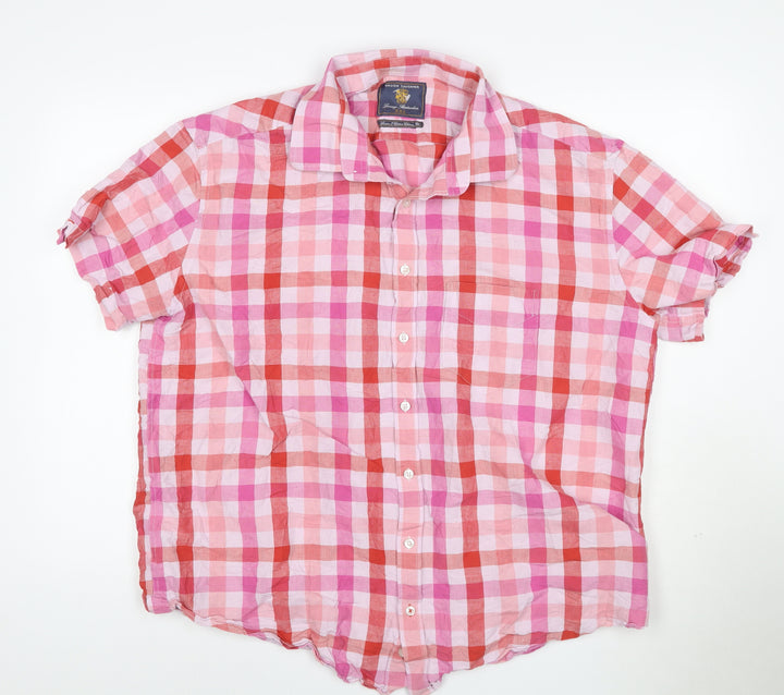 Brook Taverner Men's Pink Check Linen Cotton Short Sleeve Shirt XXL