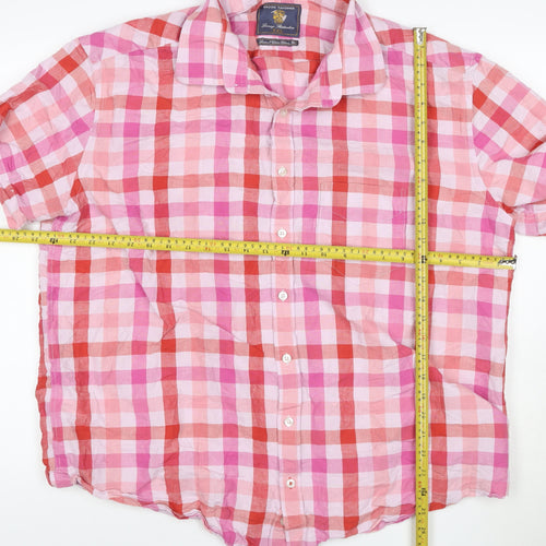 Brook Taverner Men's Pink Check Linen Cotton Short Sleeve Shirt XXL