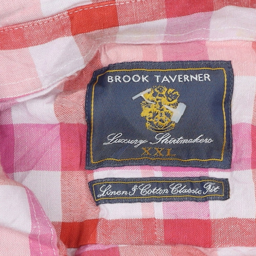 Brook Taverner Men's Pink Check Linen Cotton Short Sleeve Shirt XXL