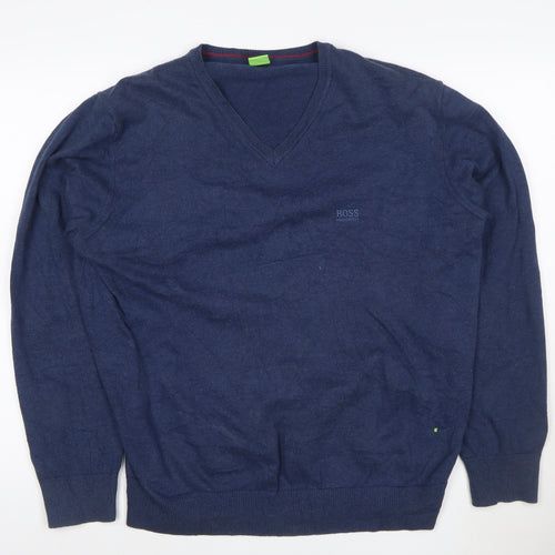 BOSS Mens Blue 2XL V-Neck Cotton Pullover Jumper with Elbow Patches