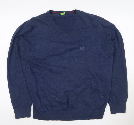 BOSS Mens Blue 2XL V-Neck Cotton Pullover Jumper with Elbow Patches