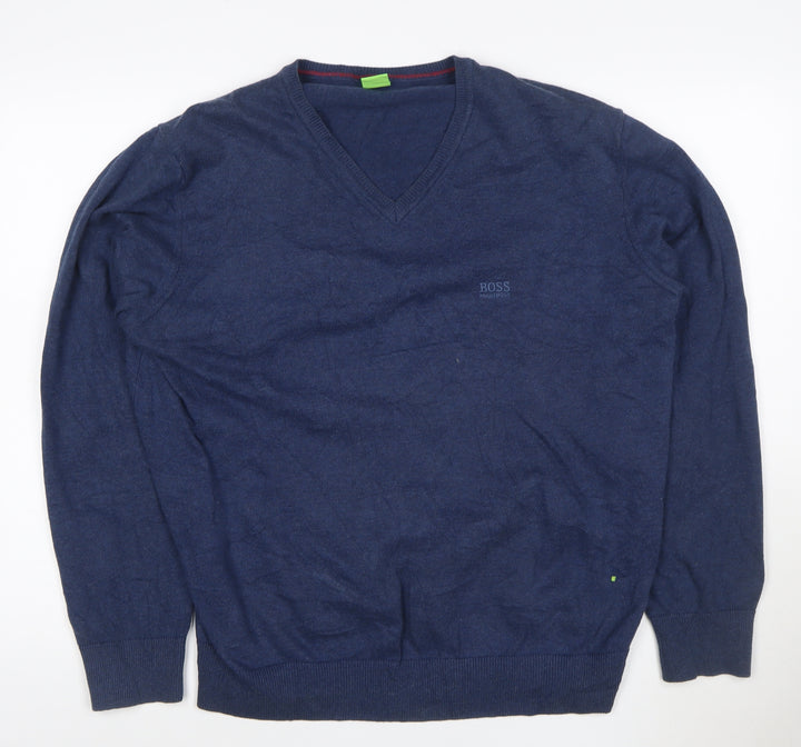 BOSS Mens Blue 2XL V-Neck Cotton Pullover Jumper with Elbow Patches