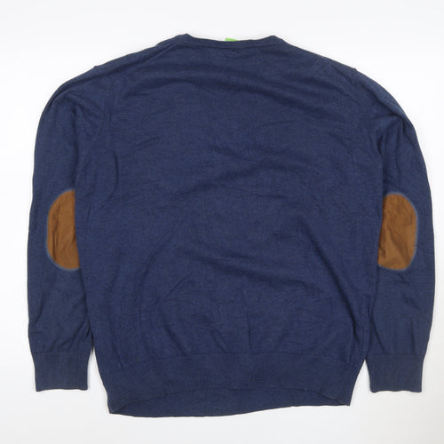 BOSS Mens Blue 2XL V-Neck Cotton Pullover Jumper with Elbow Patches