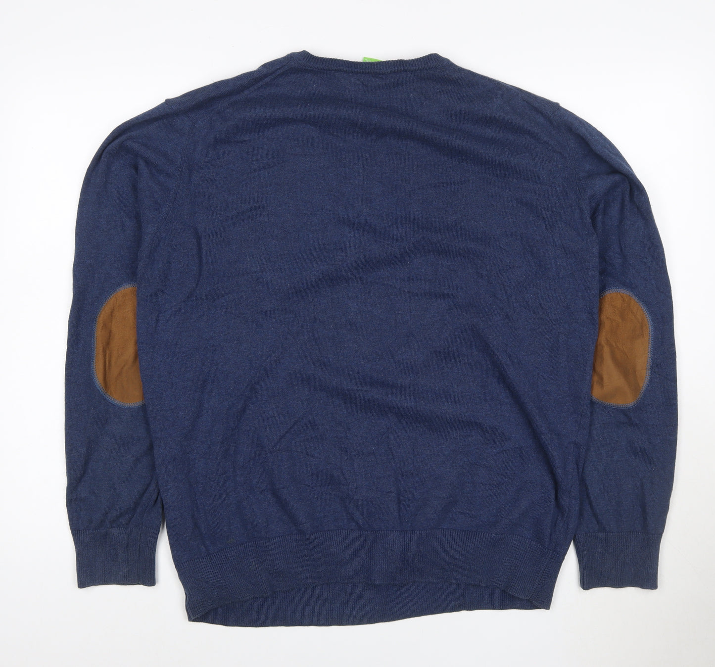 BOSS Mens Blue 2XL V-Neck Cotton Pullover Jumper with Elbow Patches