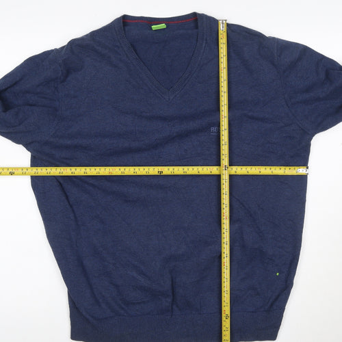 BOSS Mens Blue 2XL V-Neck Cotton Pullover Jumper with Elbow Patches