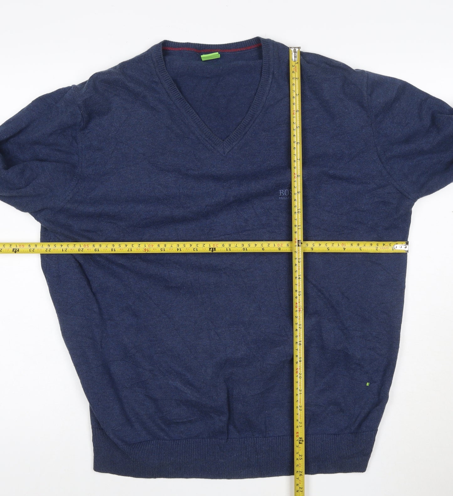 BOSS Mens Blue 2XL V-Neck Cotton Pullover Jumper with Elbow Patches
