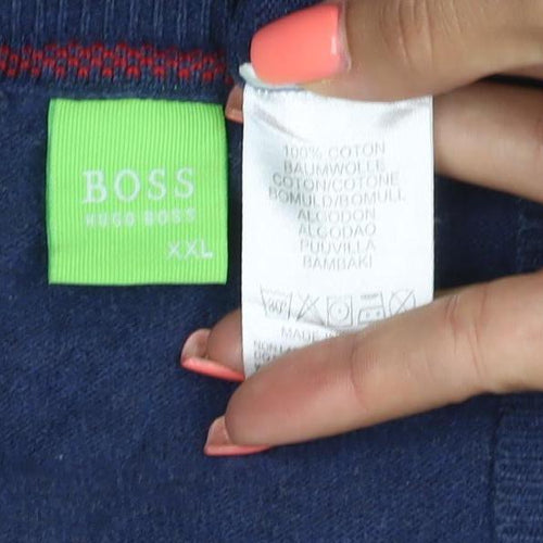 BOSS Mens Blue 2XL V-Neck Cotton Pullover Jumper with Elbow Patches