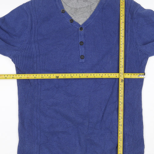Angelo Litrico Men's Blue Henley Knit Jumper Size M