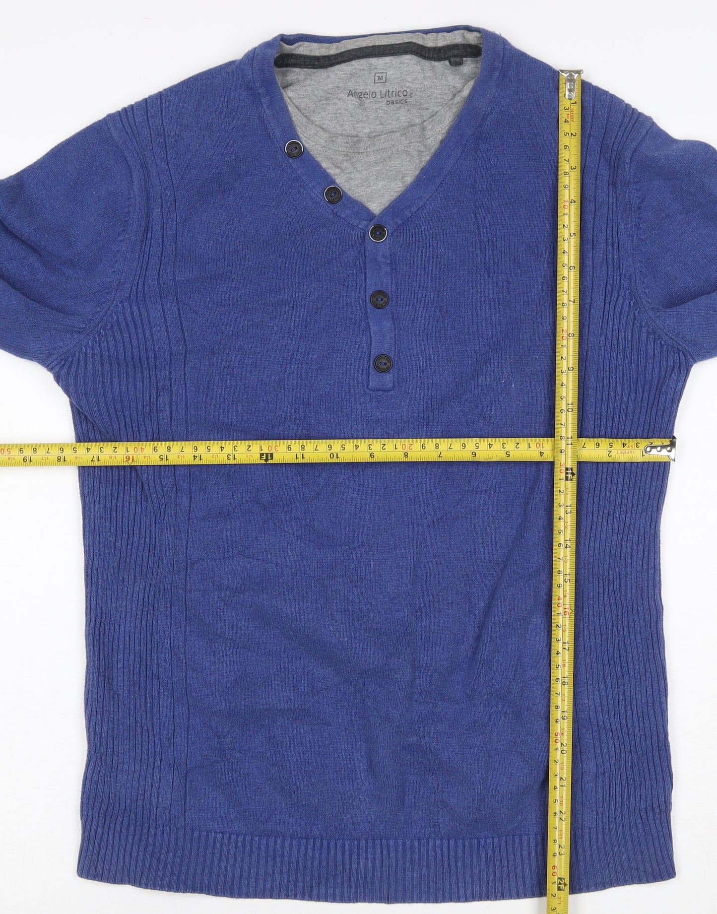 Angelo Litrico Men's Blue Henley Knit Jumper Size M