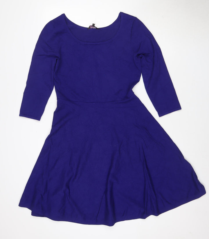 Pink Clover Women’s Blue Fit & Flare Dress Size 12 3/4 Sleeve Knee Length