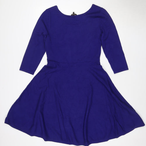 Pink Clover Women’s Blue Fit & Flare Dress Size 12 3/4 Sleeve Knee Length