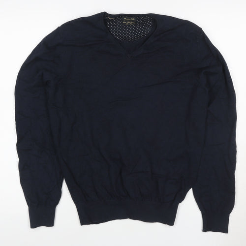 Massimo Dutti Women's Blue V-Neck Cotton Cashmere Jumper Size M