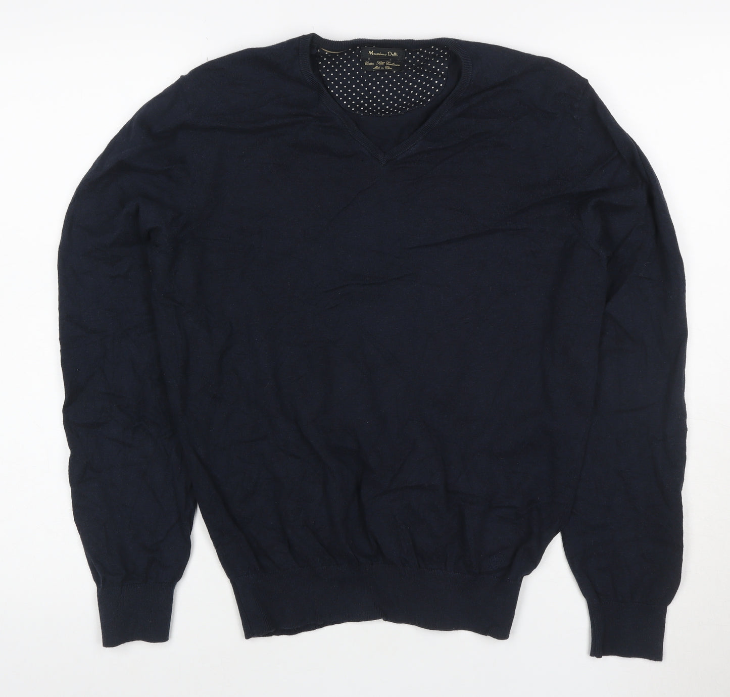 Massimo Dutti Women's Blue V-Neck Cotton Cashmere Jumper Size M